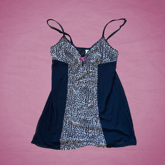 Vintage Y2K Cheetah Print and Black Sheer Mesh Slip Dress