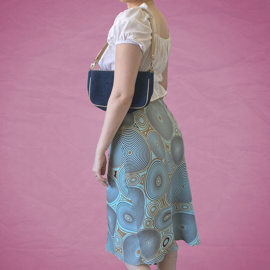 Vintage Y2K Blue and Beige Groovy Print Midi Skirt
