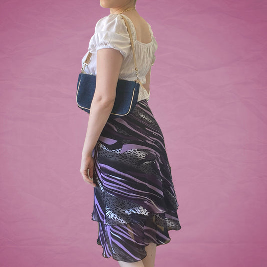 Vintage Y2K Black and Purple Groovy Print Midi Skirt