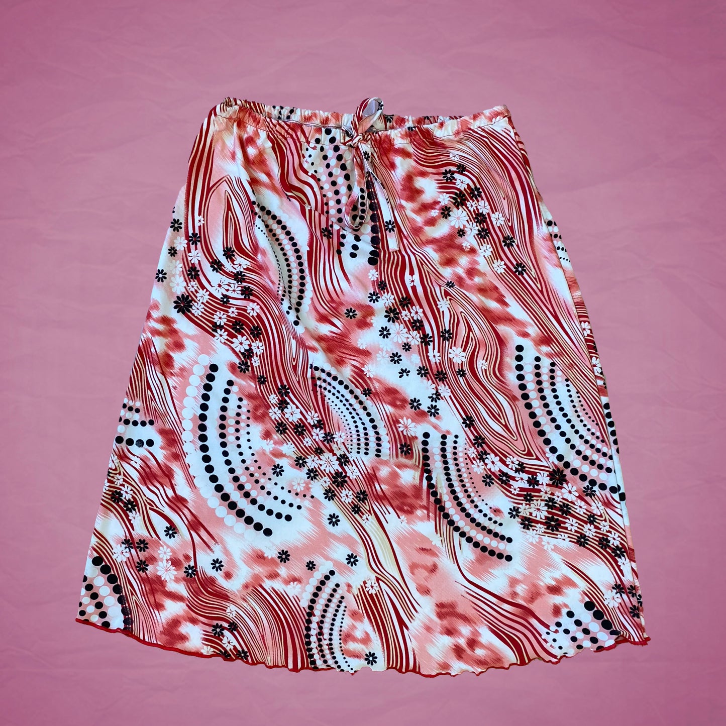 Vintage Y2K Red and White Groovy Print Midi Skirt