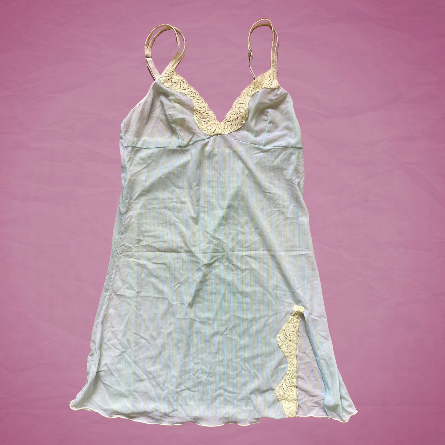 Vintage Y2K Mint Striped Sheer Slip with Yellow Detailing