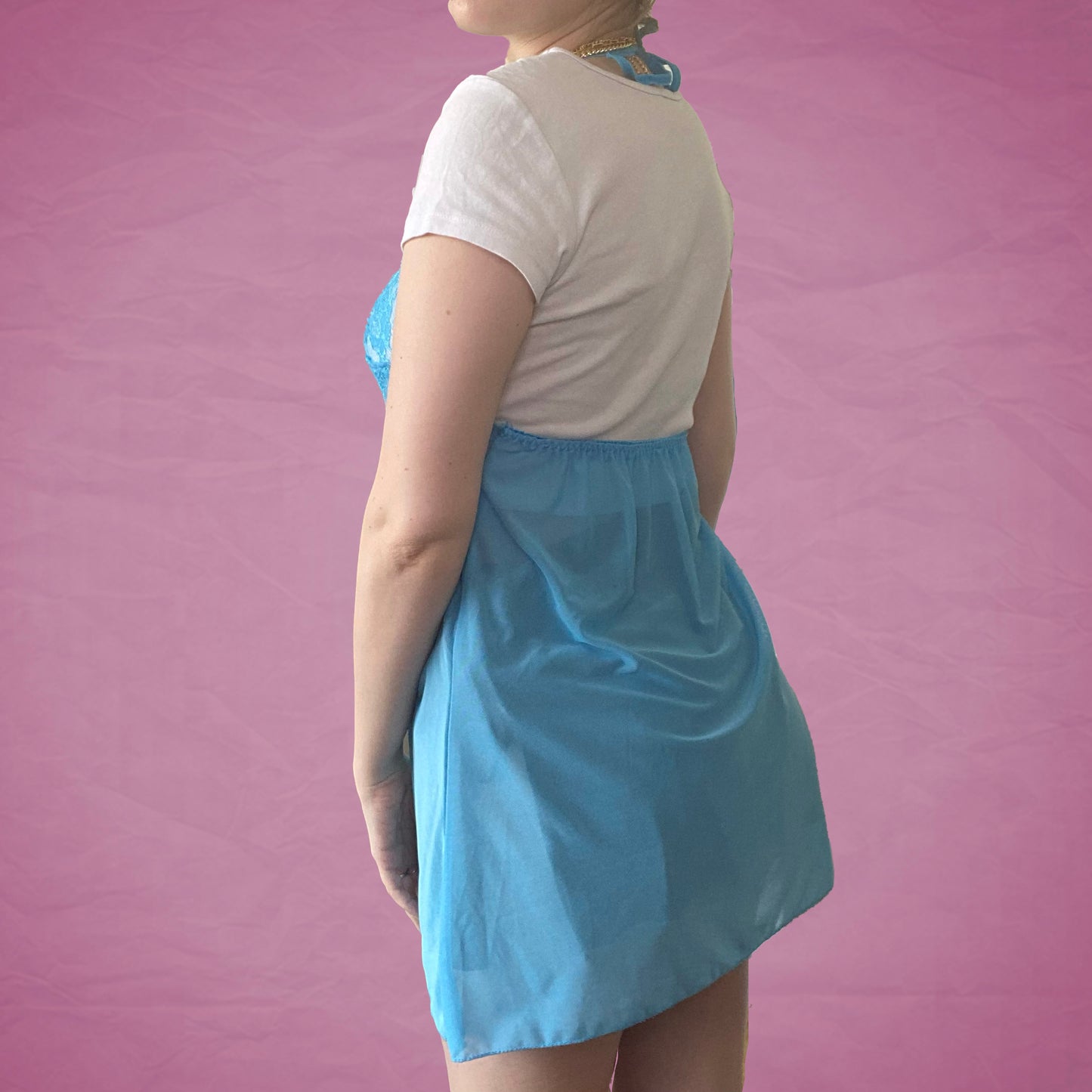 Vintage Y2K Blue Mesh Slip with Lace Detailing