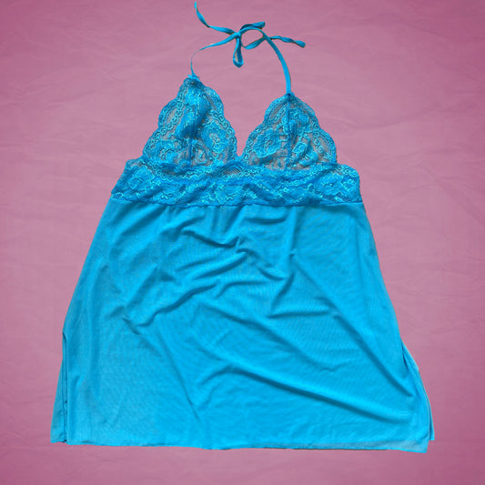 Vintage Y2K Blue Mesh Slip with Lace Detailing