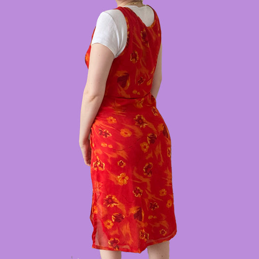 Vintage 90's Orange Floral Mesh Maxi Dress