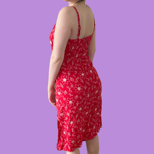 Vintage 90's Red Floral Midi Dress