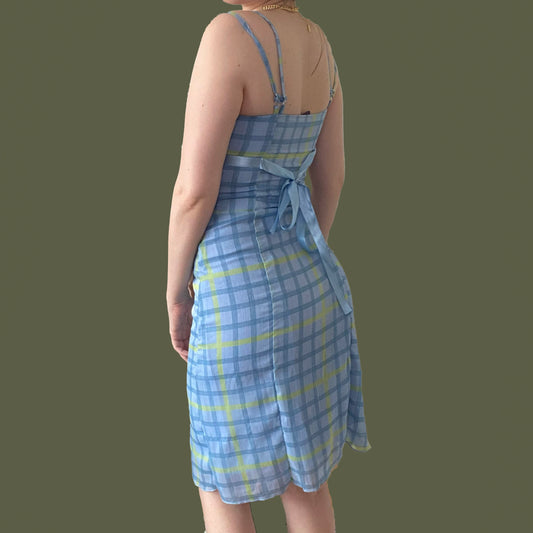 Vintage 90's Blue Plaid Mesh Midi Dress