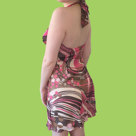 Vintage Y2K Groovy Print Halter Dress