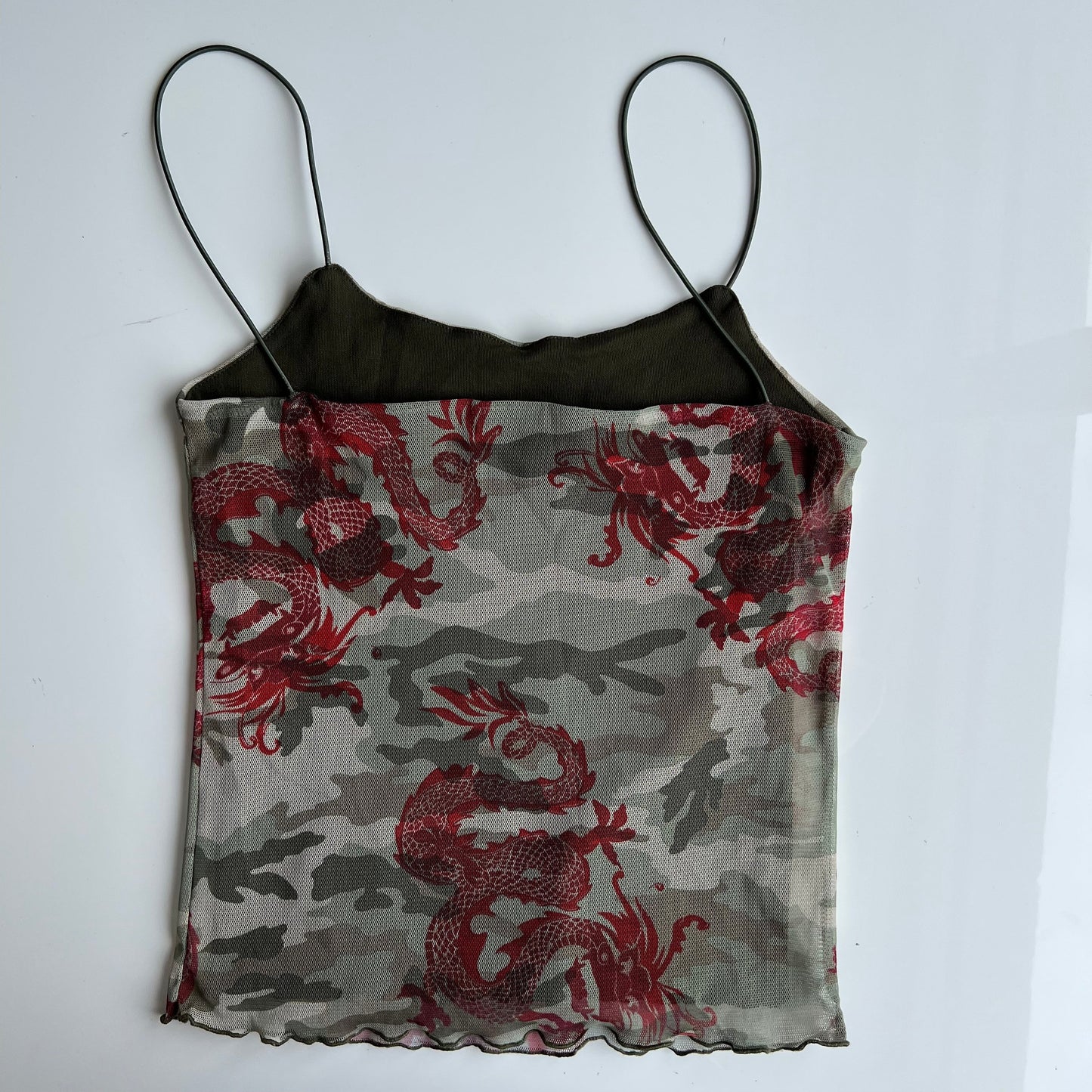 Vintage 90's Skater Camo Mesh Cami Top with Red Dragon Print (M)