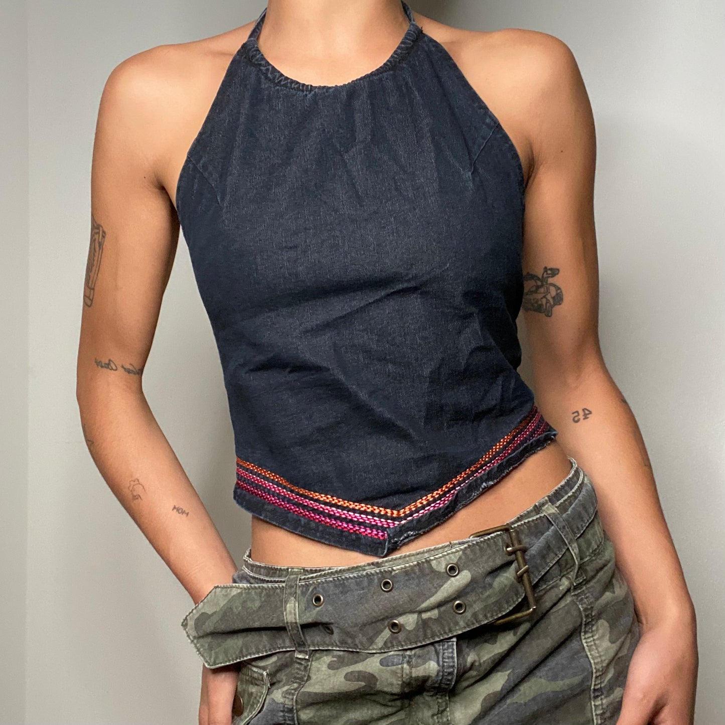 Vintage 90's Indie Denim Backless Top with Triangular and Embroidery Hem (S/M)