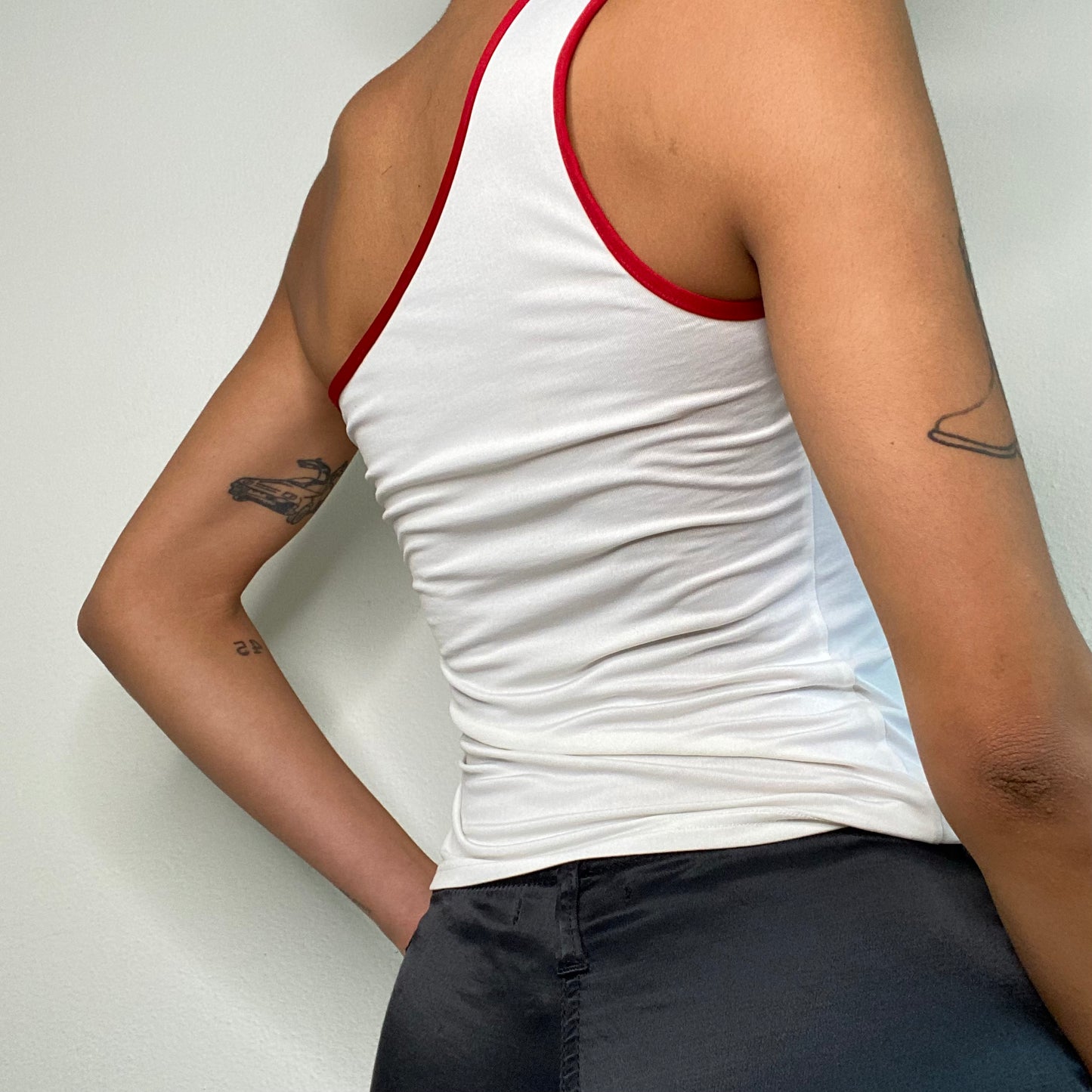 Vintage 2000's Skater White One Shoulder Top with Cherry Print and Red Hem (S)