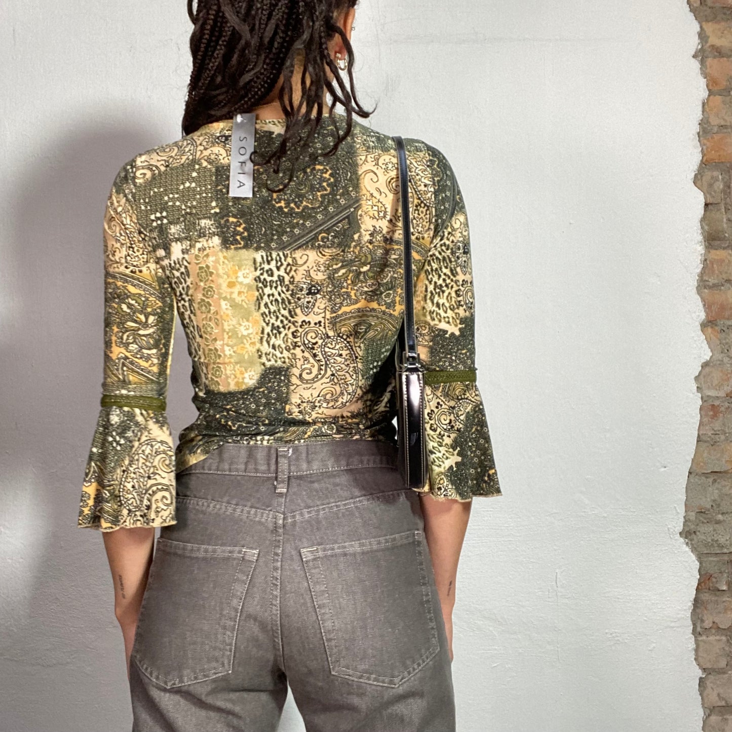 Vintage 2000's Fairy Green Patchwork Print Top with Flared Sleeves (S)