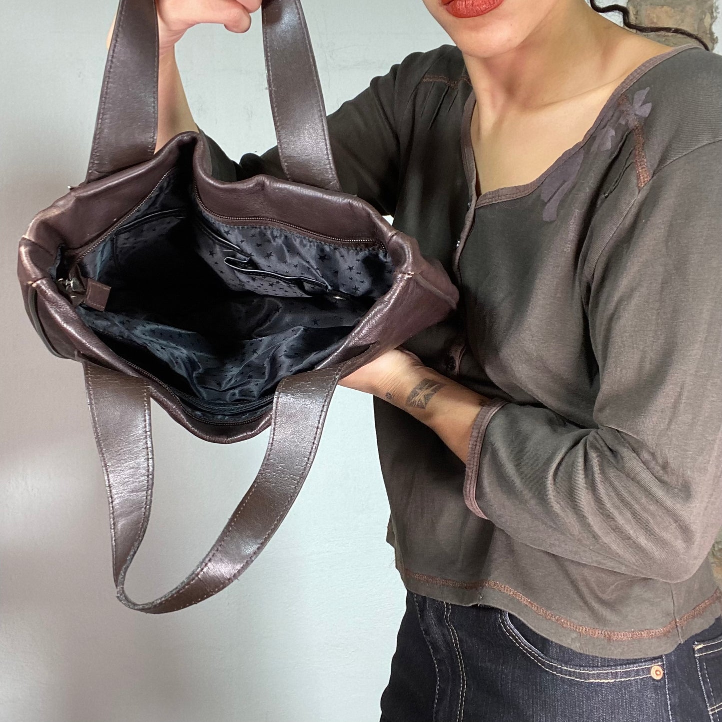 Vintage 2000's Leather Mugler Tote Bag with Star Details