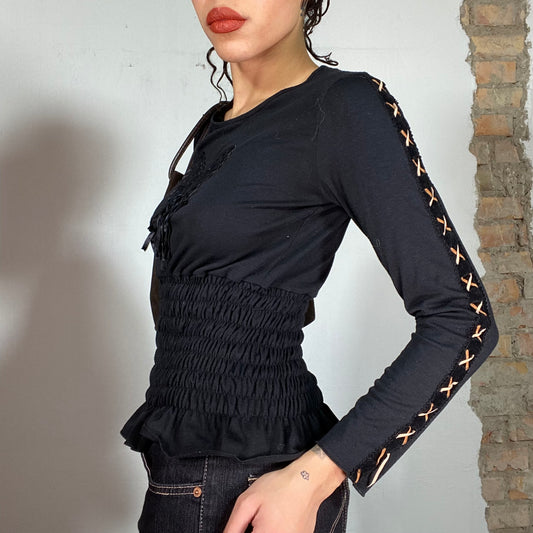 Vintage 2000's Goth Black Top with Scrunched Waist and Butterfly Details (S/M)