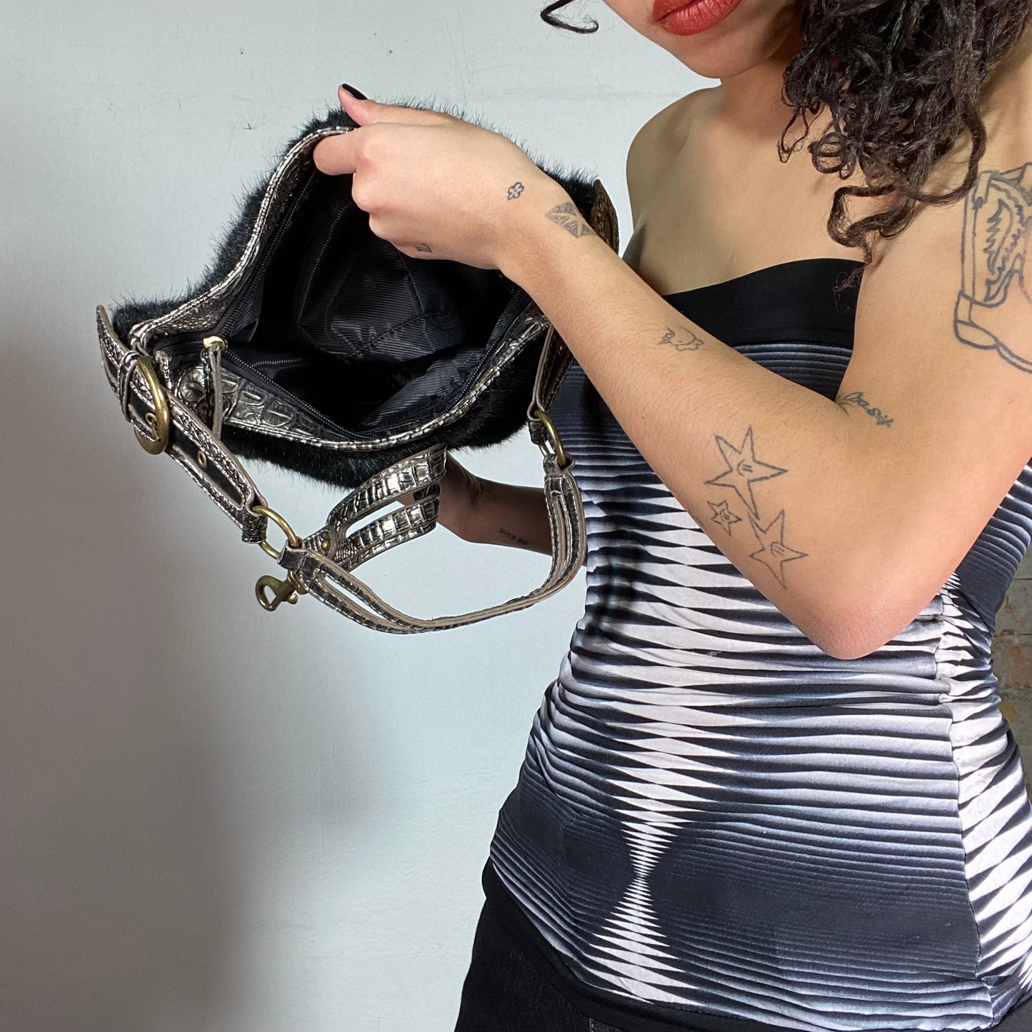 Vintage 2000's Black Faux Fur Bag with Brown Faux Leather Details