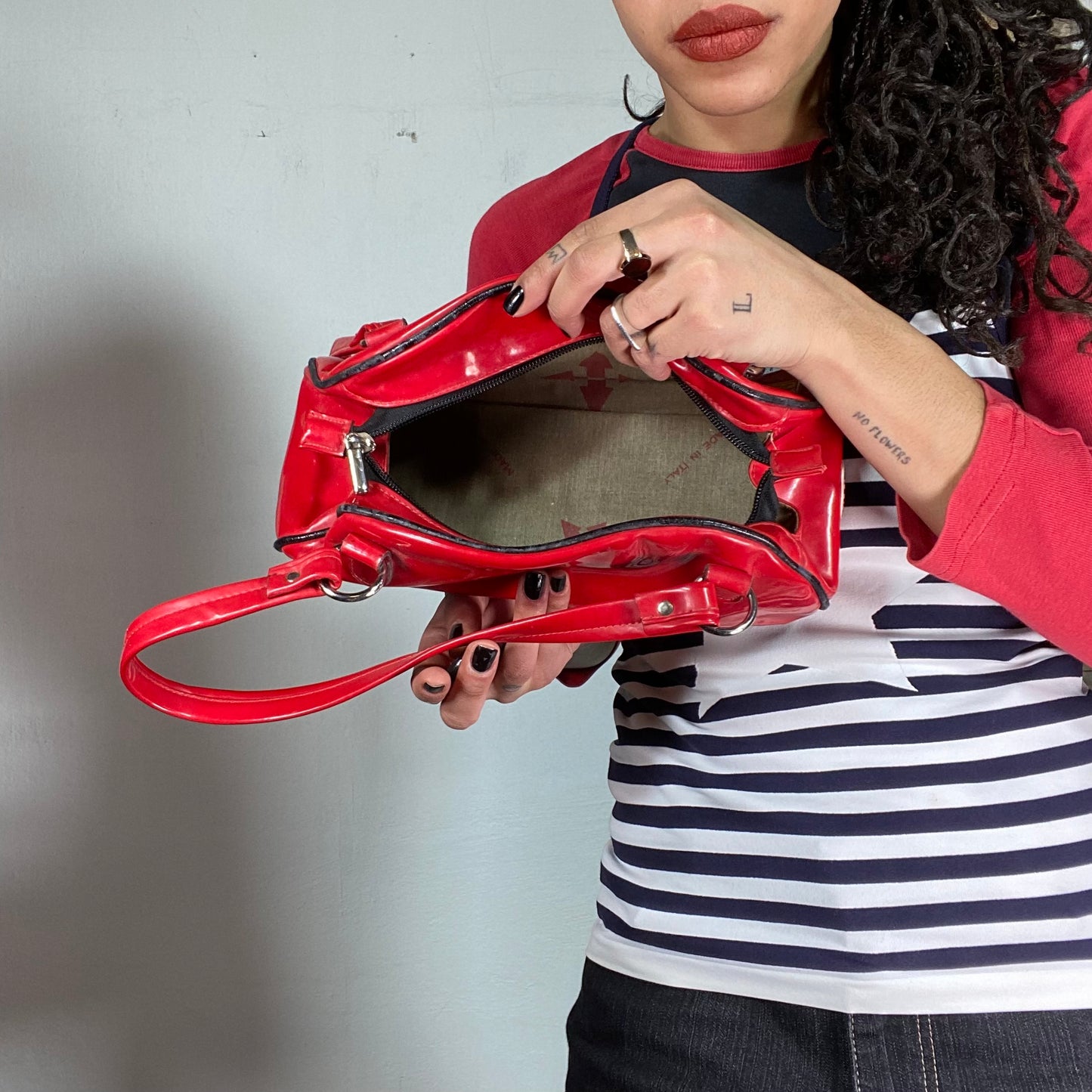 Vintage 2000's Bella Hadid Red Shiny 'Racer' Baguette Bag with Patches