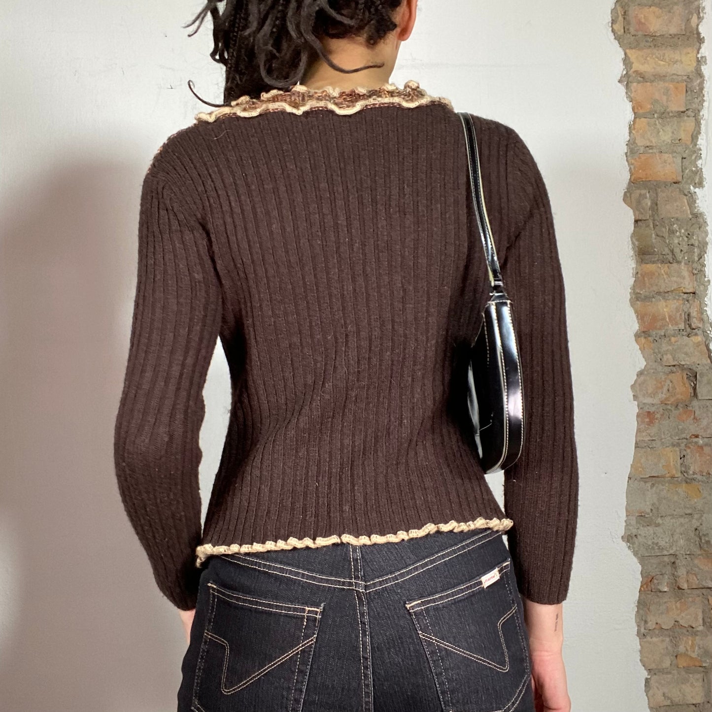 Vintage 2000's Whimsigoth Brown Knit Cardigan with Wood Button (S)