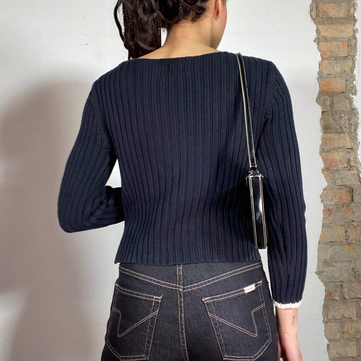 Vintage 90's Pepe Jeans Navy Blue Ribbed Knit Sweater with UK Flag Print (S/M)