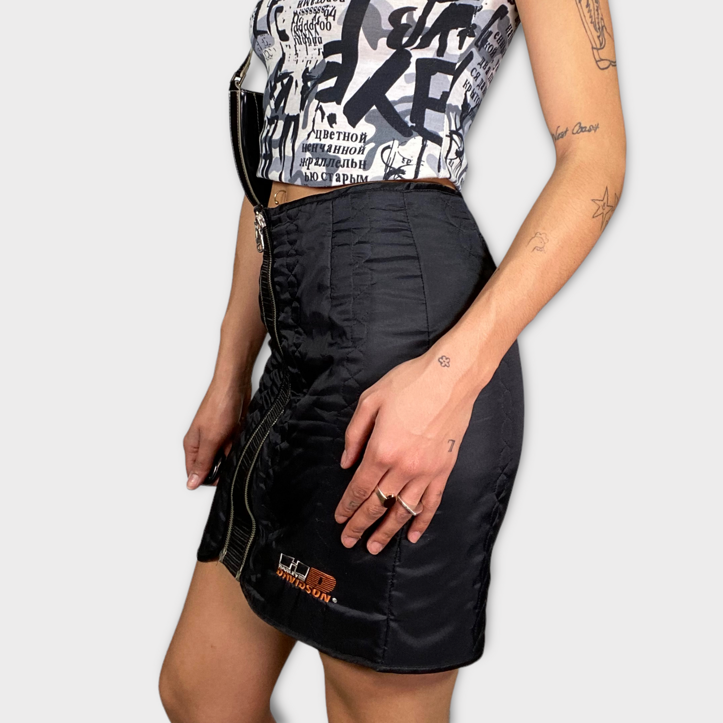Vintage 90's Harley Davidson Black Mini Skirt with Zipper and Embroidery (S)