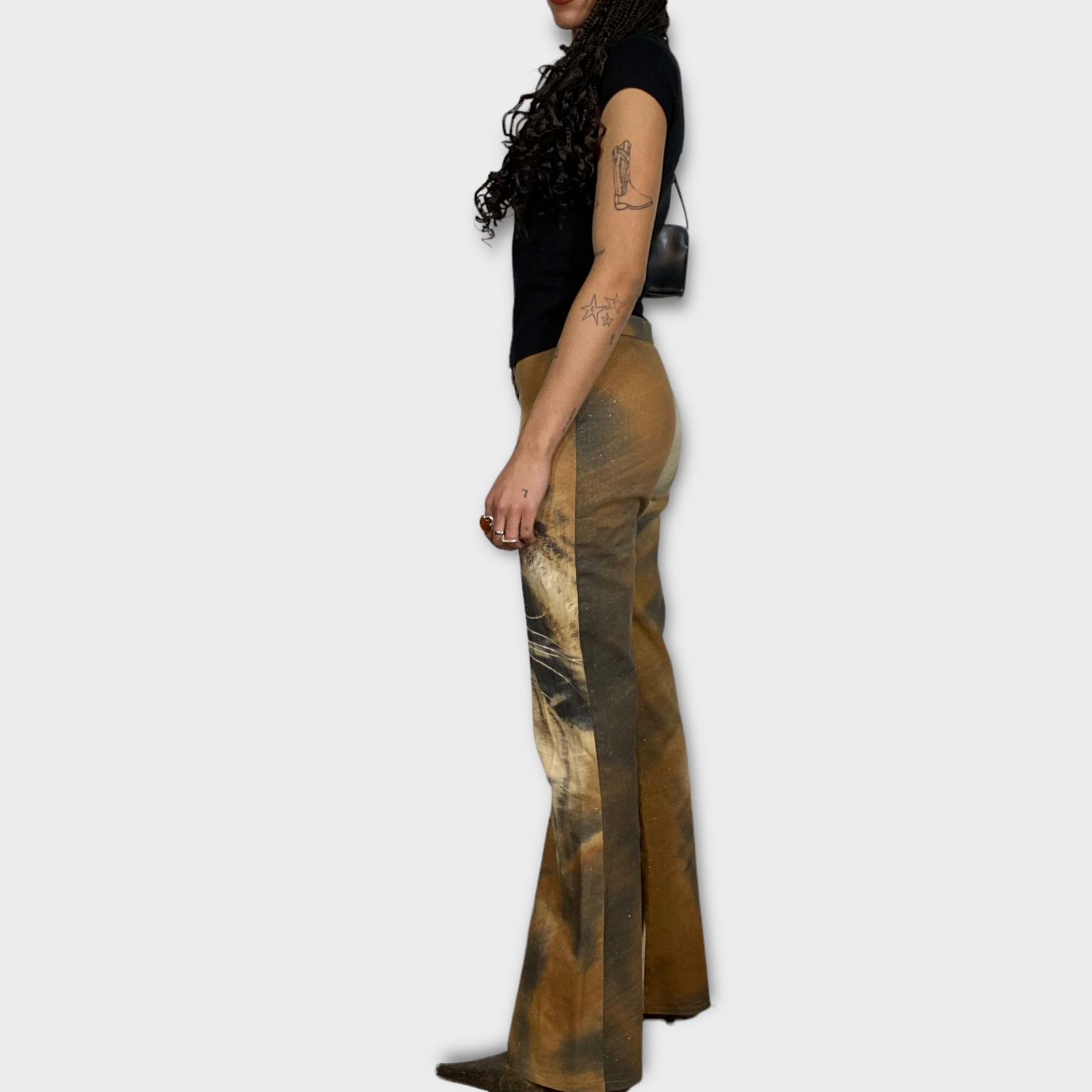 Vintage 2000's Funky Beige Flared Pants with Tiger Face Print (S)