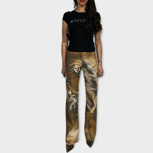 Vintage 2000's Funky Beige Flared Pants with Tiger Face Print (S)