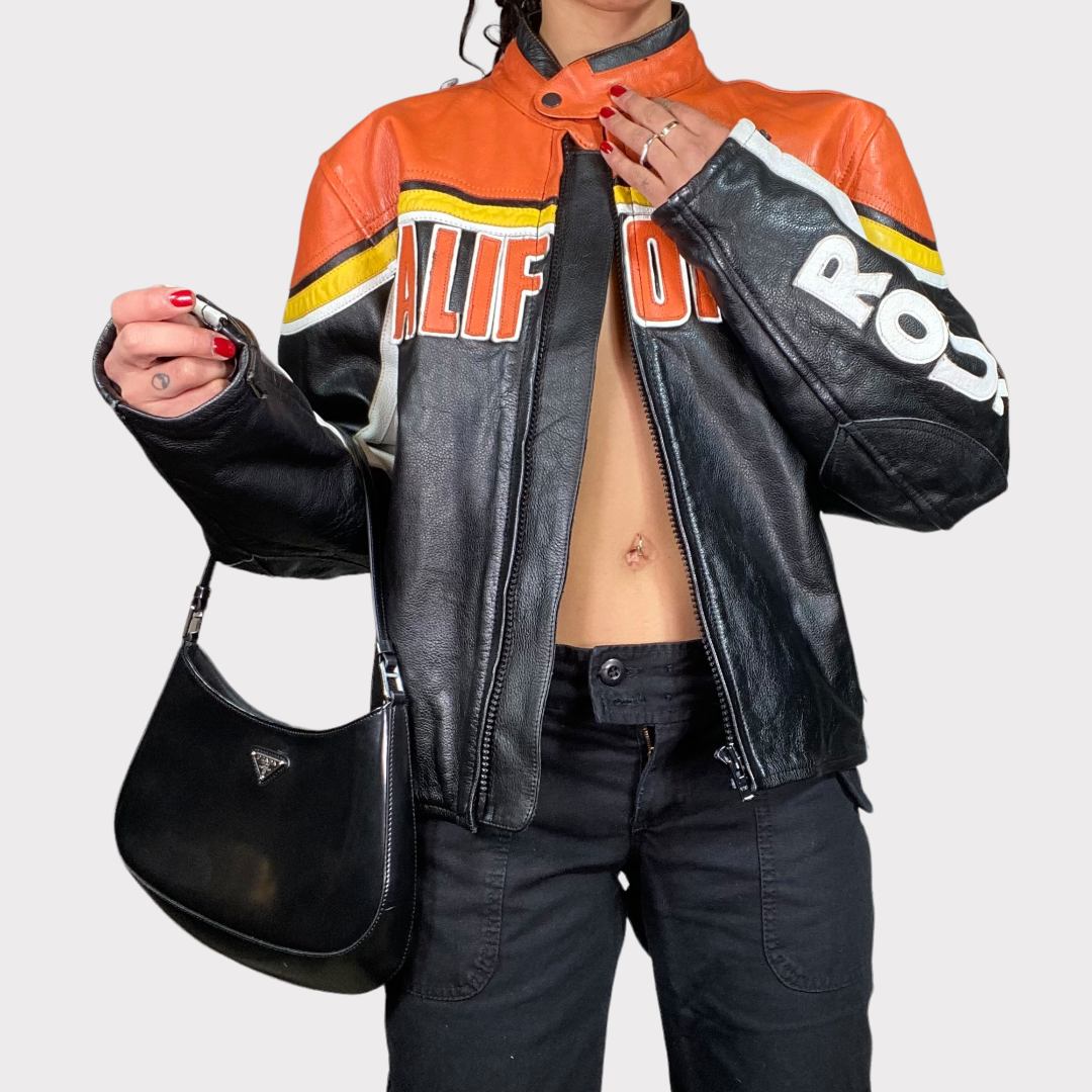 Vintage 90's Bella Hadid Black and Orange 'California' Leather Racer Jacket (M)
