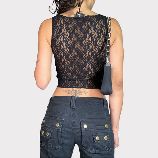 Vintage 2000's Rock Black Lace High Neck Top with 'Wow' Leather Print (S)