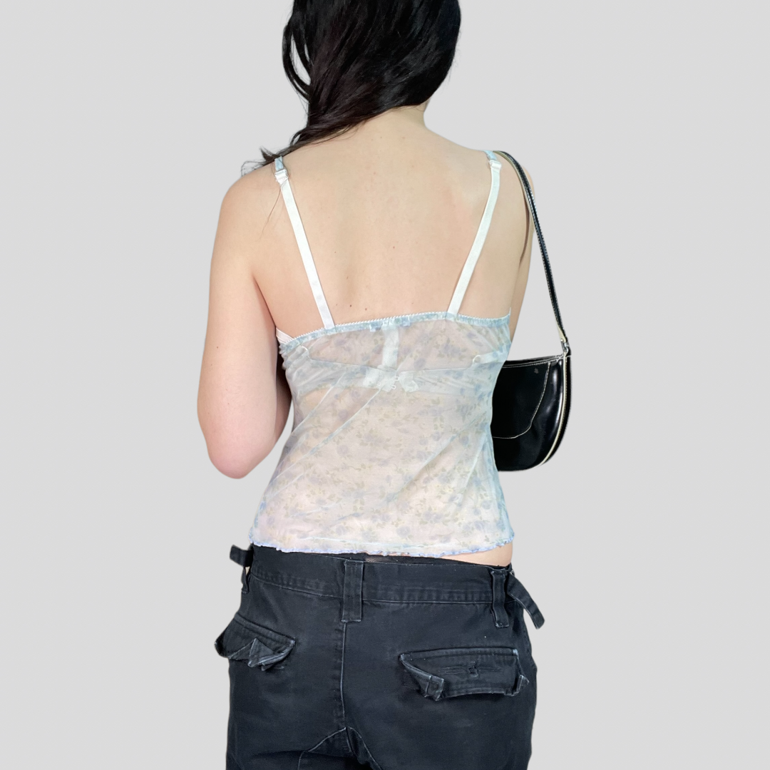 Vintage 90's Romantic Blue Floral Mesh Cami Top (S/M)
