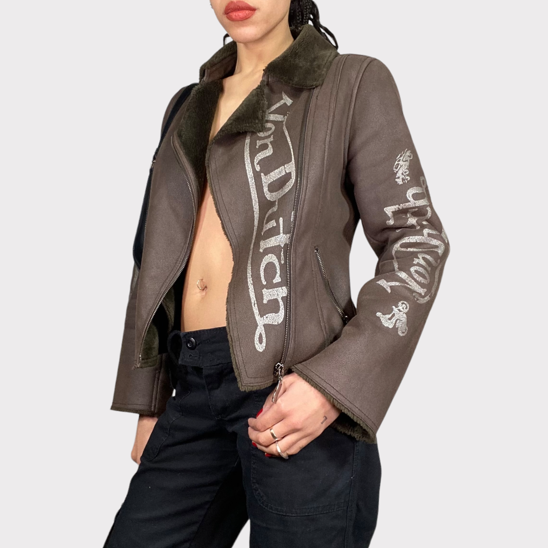 Vintage 90's Von Dutch Brown Faux Suede Short Jacket (S)