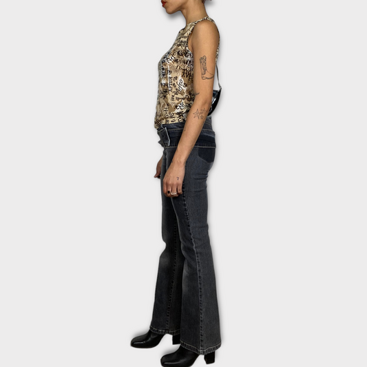 Vintage 2000's Grunge Grey Low Waist Flared Jeans with Belt (S)