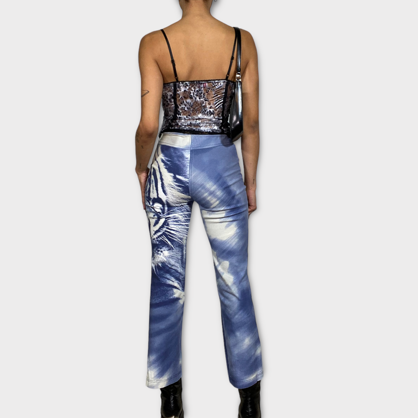 Vintage 2000's Funky Blue Flared Pants with Tiger Face Print (S)