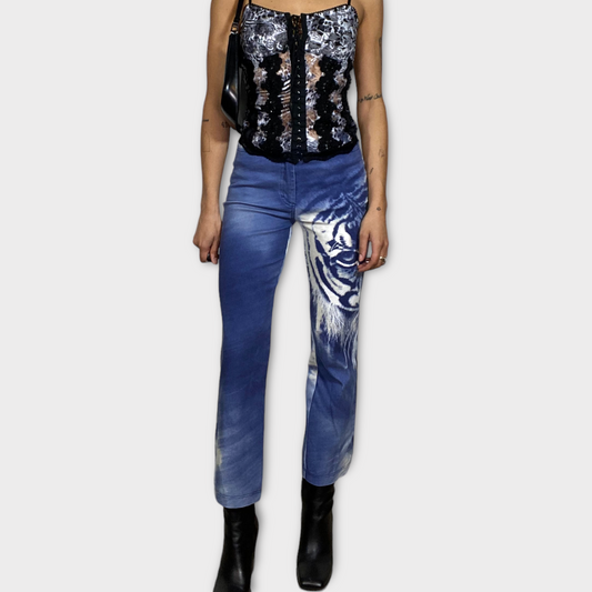 Vintage 2000's Funky Blue Flared Pants with Tiger Face Print (S)