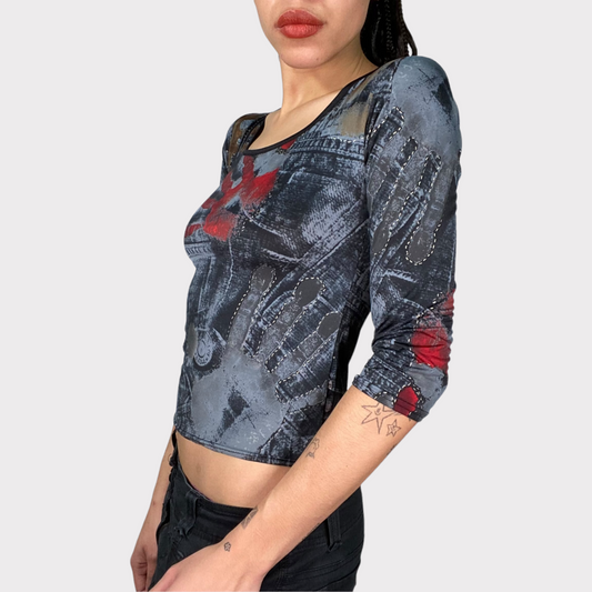Vintage 2000's Grunge Denim and Hands Print Midi Sleeve Top (XS/S)