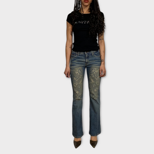 Vintage 2000's Funky Mid Rise Jeans with Lace Print (S)