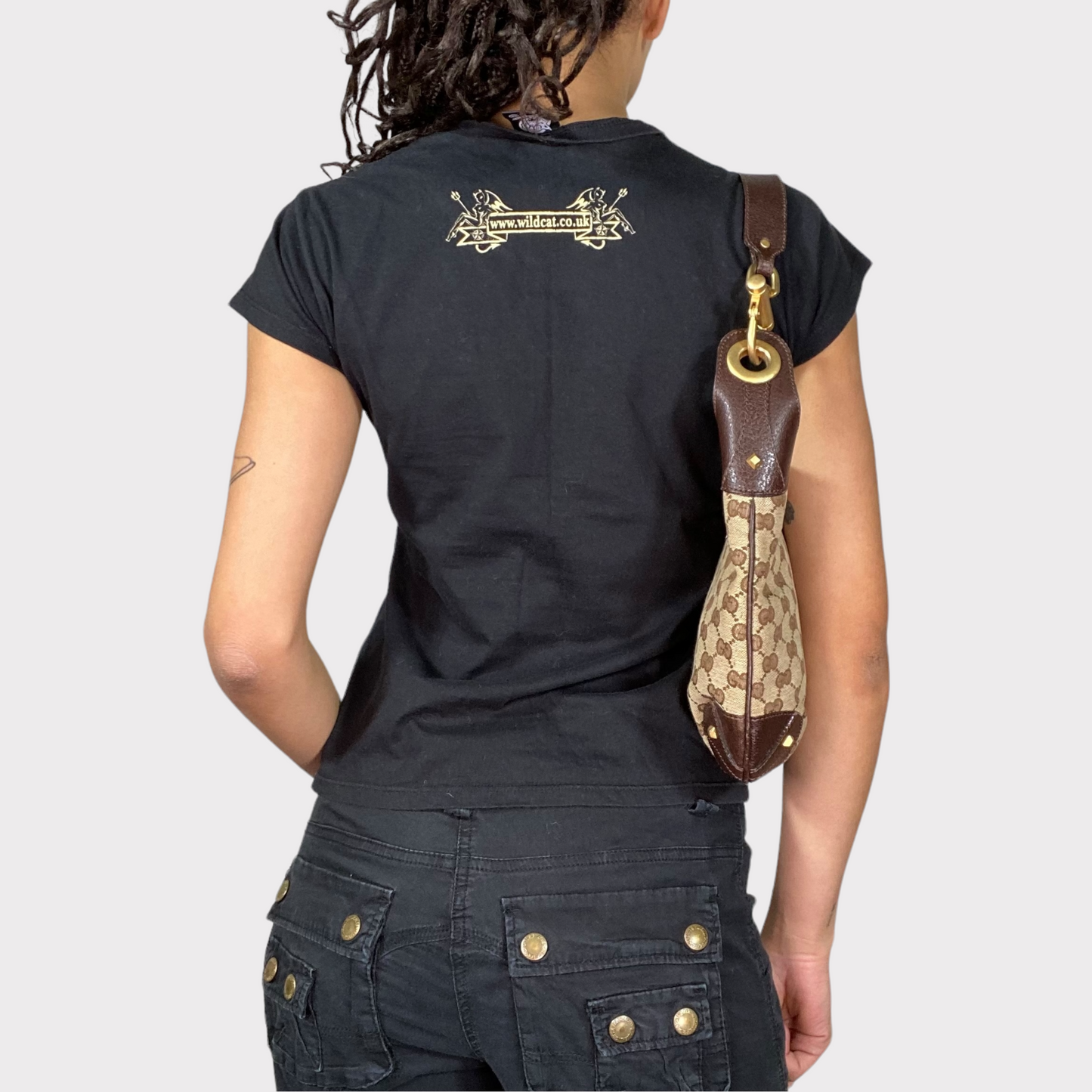 Vintage 2000's Gothic Black Shirt with 'Wild Cat' and Skeleton Print (S/M)