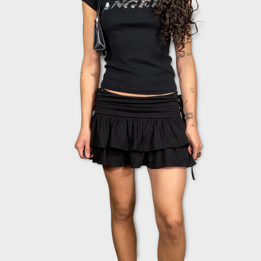 Vintage 90's Punky Black Layered Ruffle Skirt with Lace Up Detail (XS)