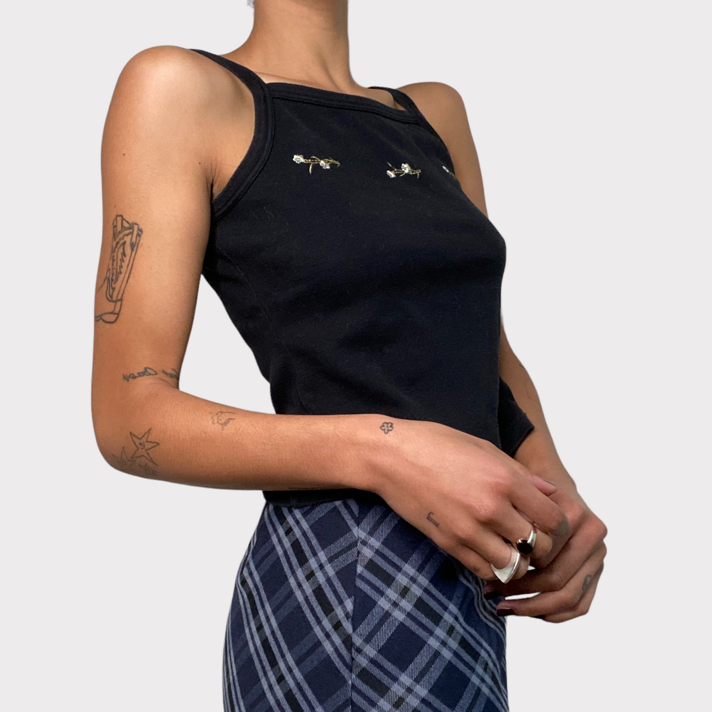 Vintage 90's Whimsigoth Black High Neck Top with Flower Embroidery (M)