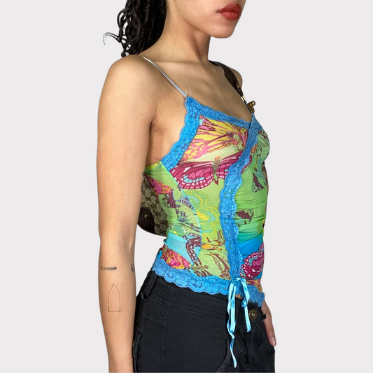 Vintage 2000's Funky Multicolor Asymmetrical Cami Top with Lace Trim (XS/S)
