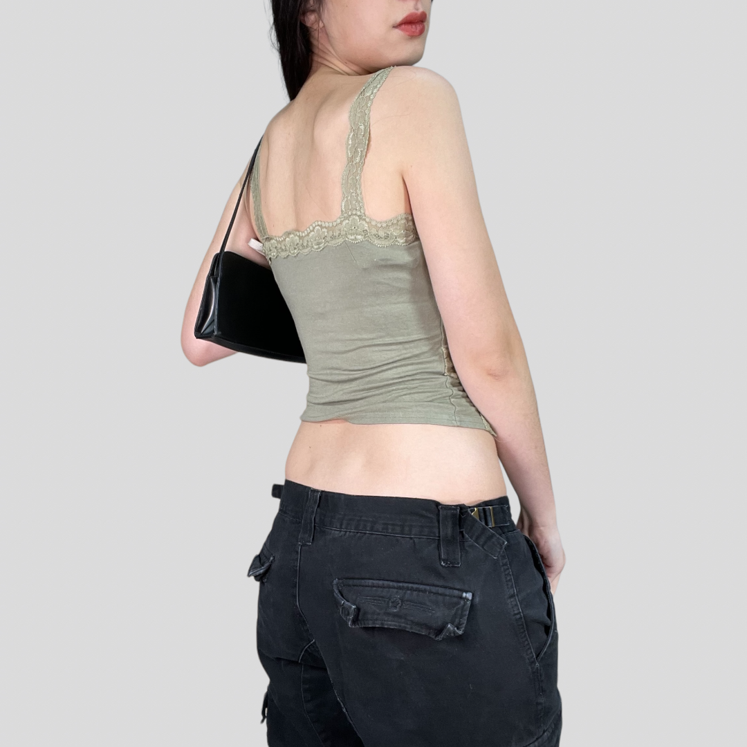 Vintage 2000's Downton Girl Khaki Top with Lace Trim and Straps (S)