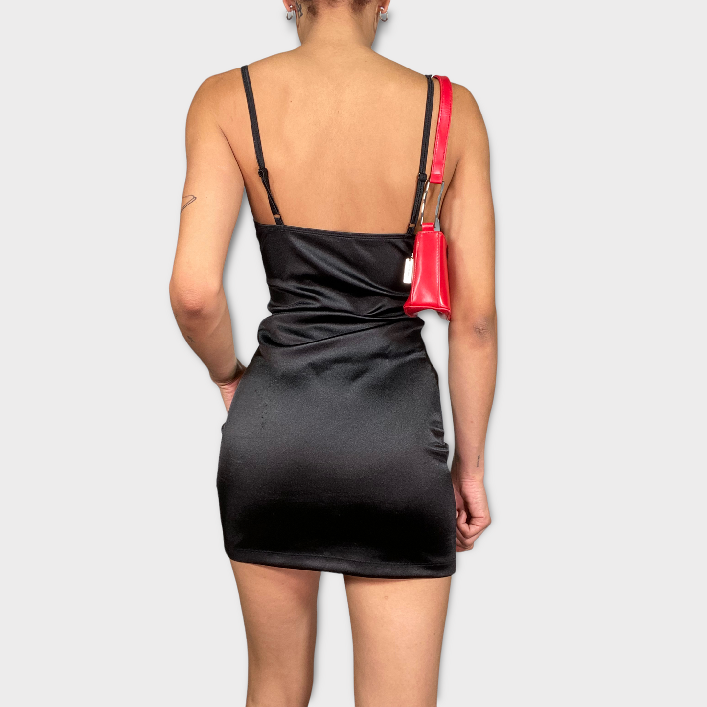 Vintage 90's Clubwear Black Satin Mini Dres with Green Lace Details (XS/S)