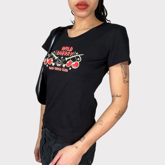 Vintage 2000's Skater Black Baby Tee with 'Wild Cherry' Print (S)