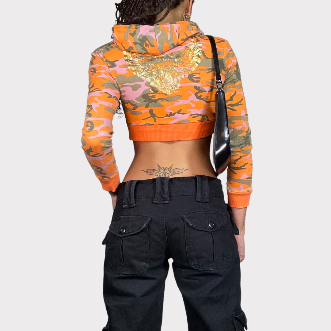 Vintage 2000's Skater Orange Camo Ultra Cropped Zip Up Hoodie (XS)