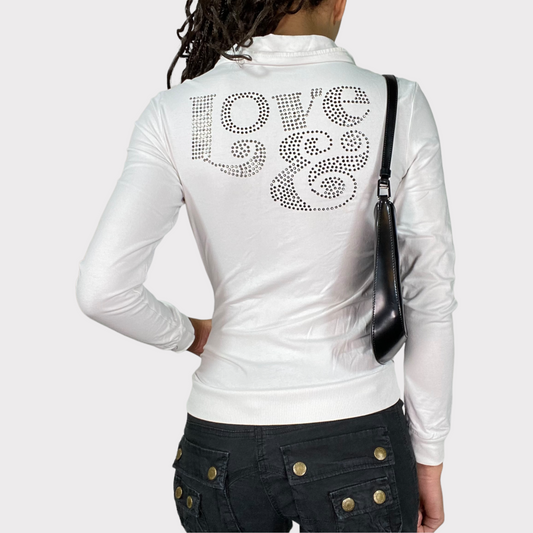 Vintage 2000's Bratz White Scrunched Zip Up Sweater with Rhinestone Back Print (S)