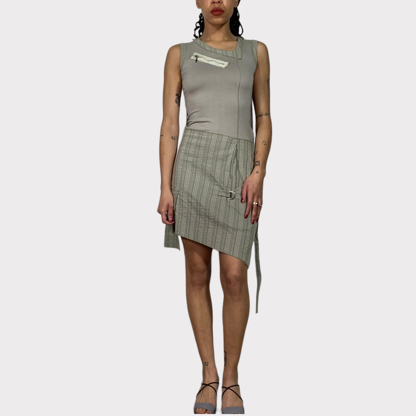 Vintage 90's Grunge Khaki Asymmetrical Dress with Zipper and Strap Details (S)