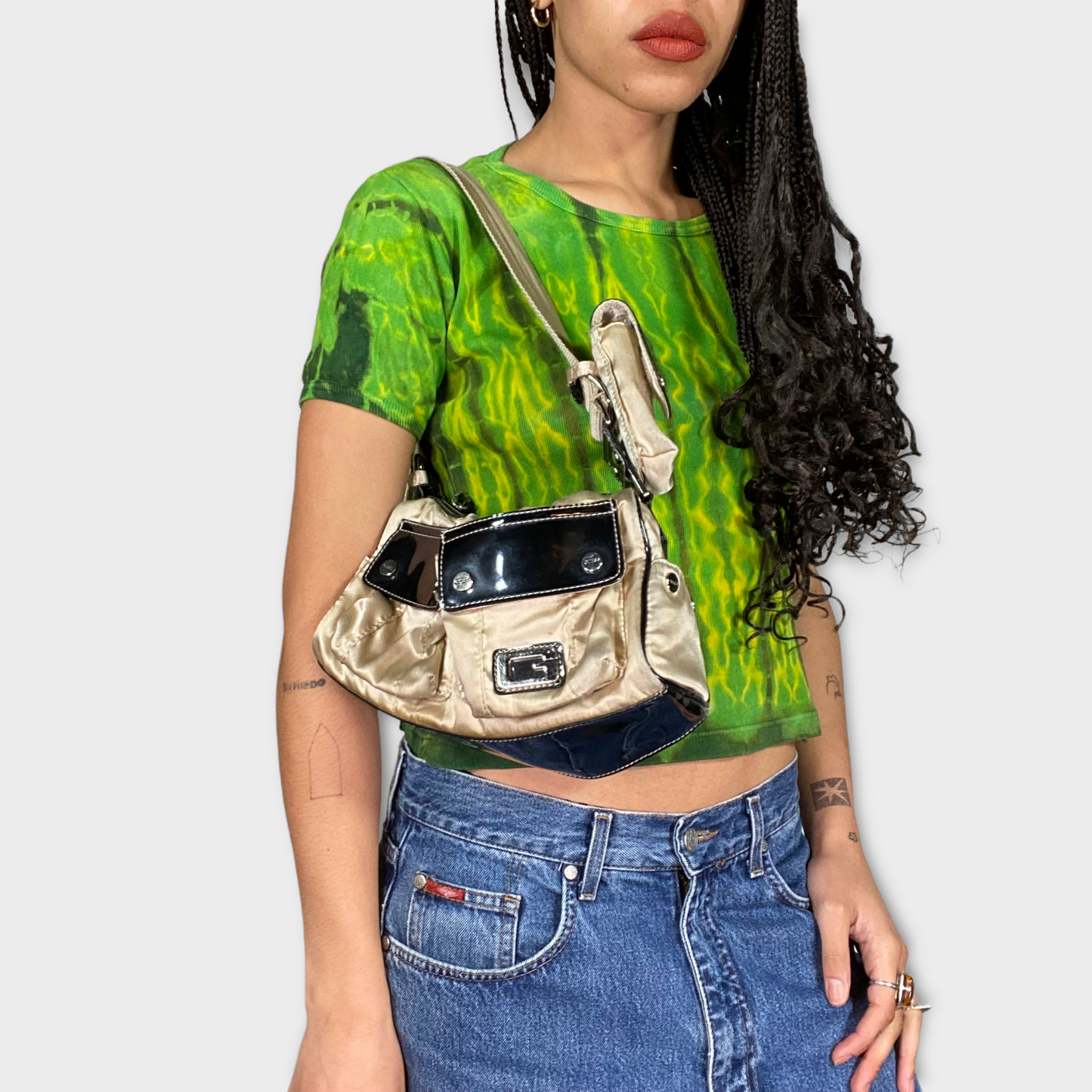 Vintage 2000's Gold and Black GUESS Shoulder Bag with Pocket Details