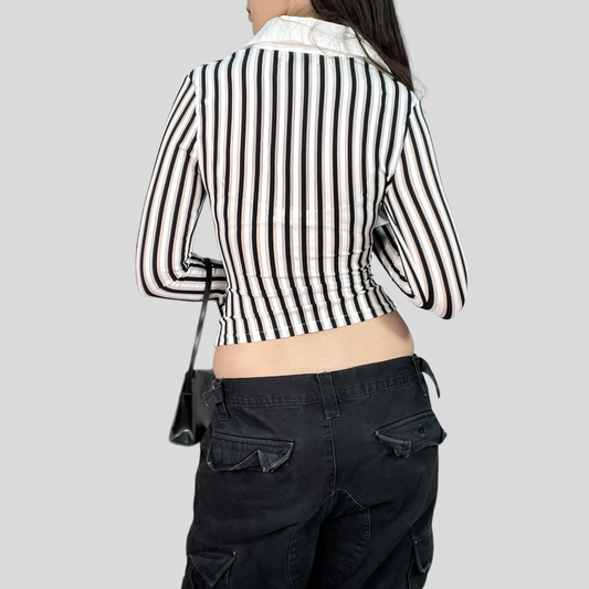 Vintage 90's Model Off duty Black and White Striped Zip Up Blouse (S)