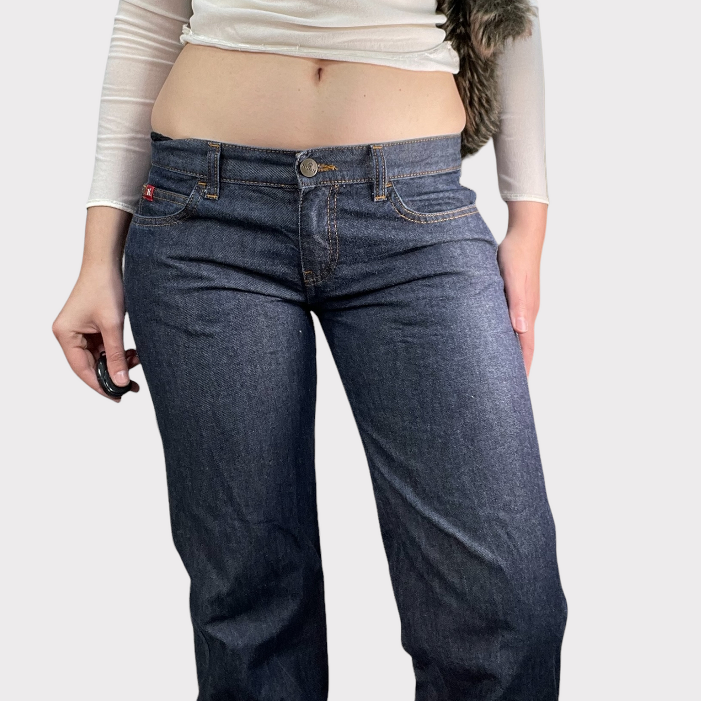 Vintage 90's Model Off duty Dark Wash Flared Jeans with Contrast Stitching (S)