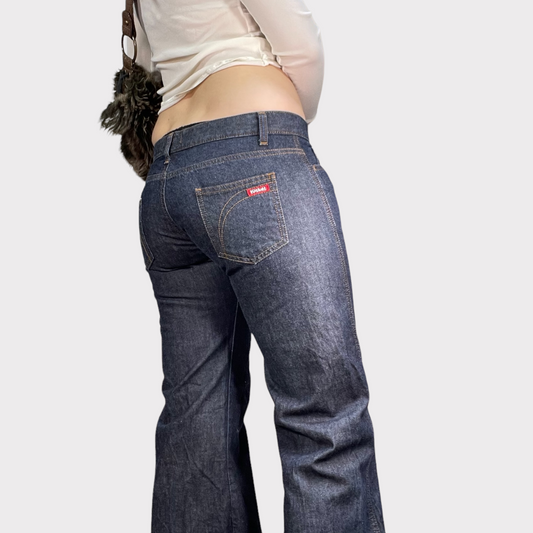 Vintage 90's Model Off duty Dark Wash Flared Jeans with Contrast Stitching (S)