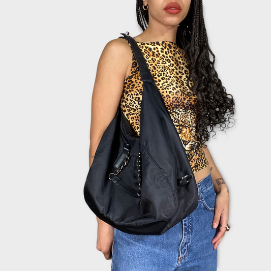 Vintage 00's Model Off Duty Black Nylon Slouchy Geox Shoulder Bag