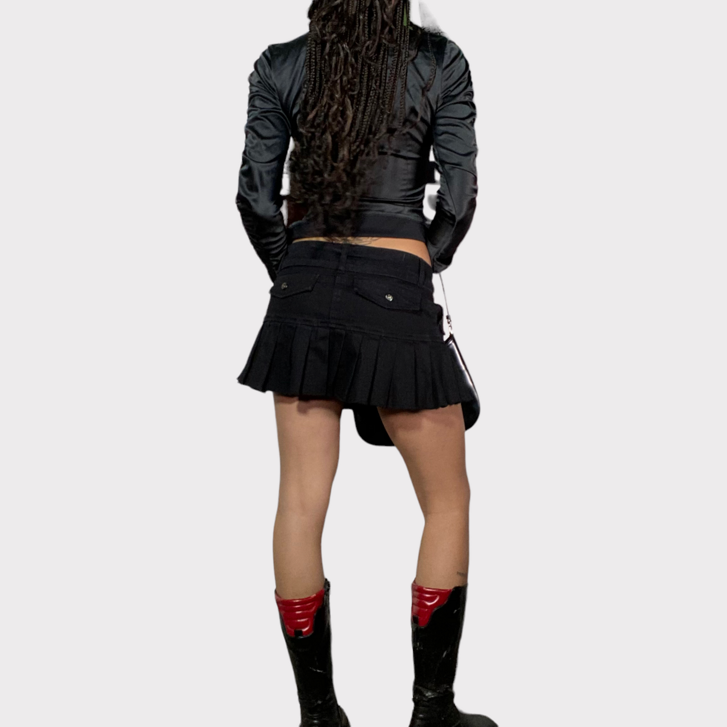 Vintage 2000's Punky Black Denim Pleated Mini Skirt with Belt (S)
