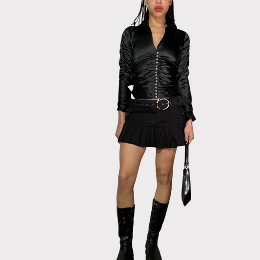 Vintage 2000's Punky Black Denim Pleated Mini Skirt with Belt (S)